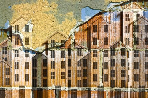 Building activity, construction industry and housing development concept with imaginary cityscape - Real estate market or Homeowner Association concept