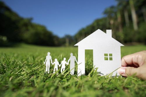 Hand hold house against green field