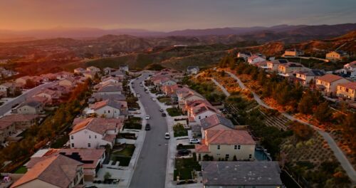 High Angle View of Santa Clarita Housing Lit by a Sunset